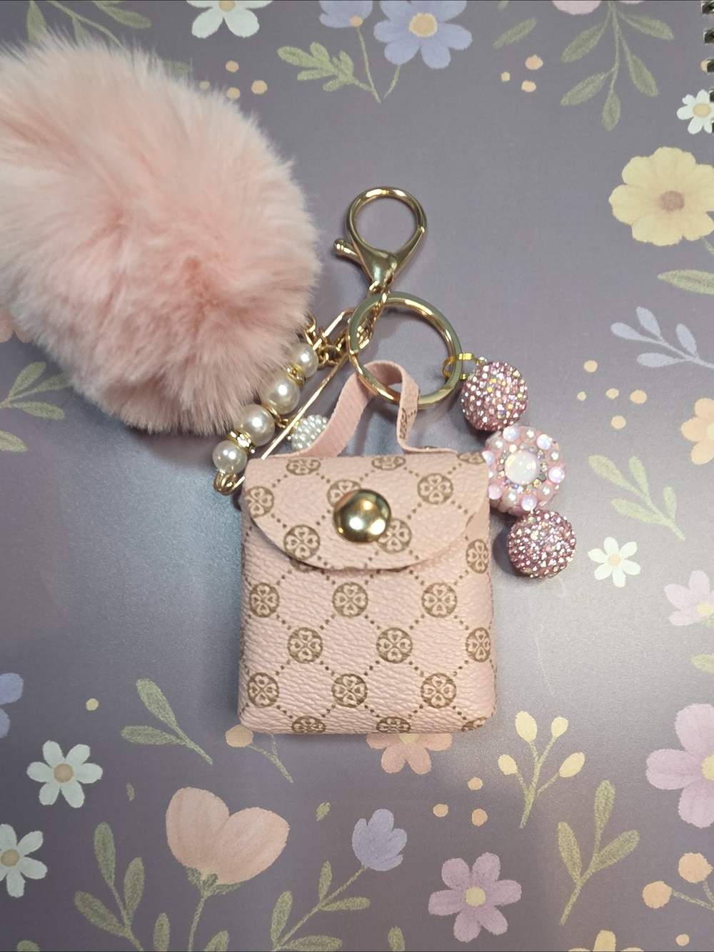 Pink Faux-Fur Pom Pom Keychain Bag Charm with Crystal Accents - Picture 3 of 14